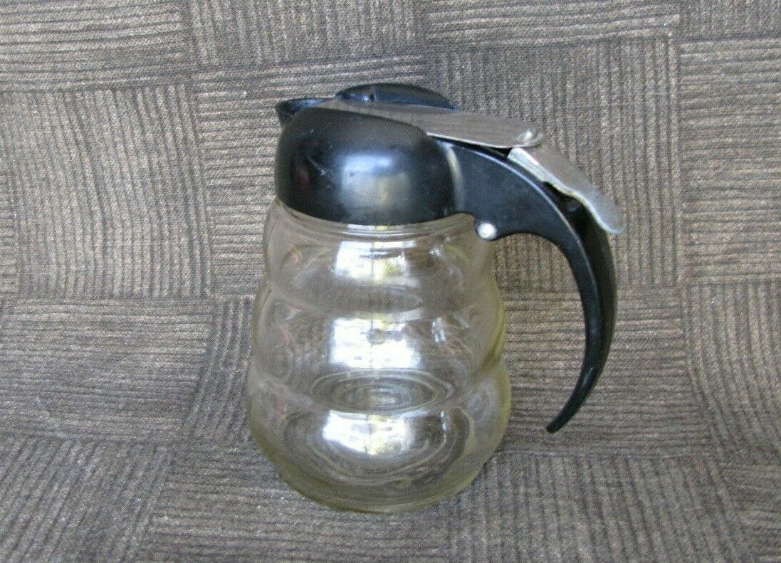 Dripcut Beehive Glass Syrup / Honey Dispenser Vintage Retro 1950s Black Cap Usa
