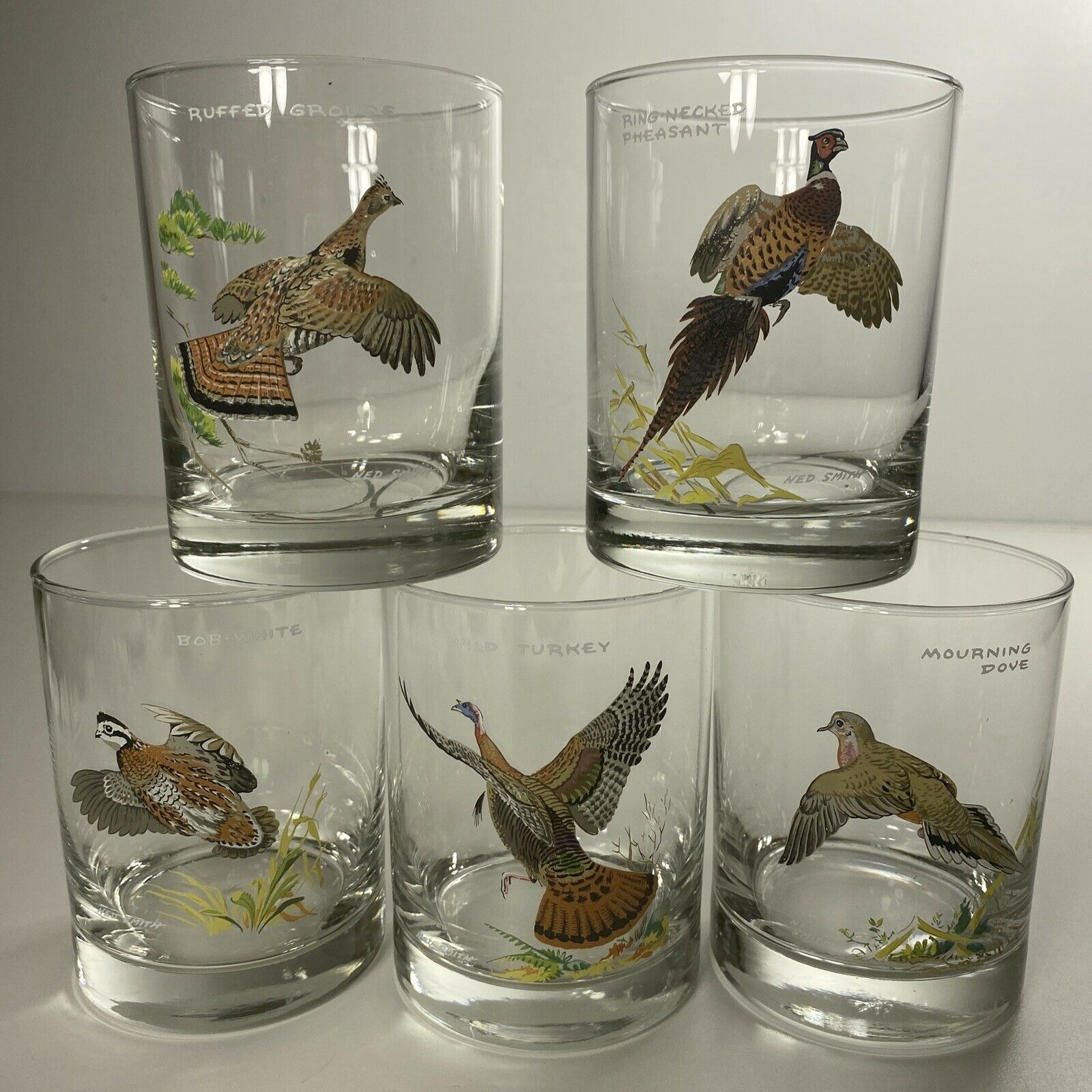 Ned Smith Game Bird Whiskey Rocks Glasses Vtg Mcm Signed Barware Lowball Set 5