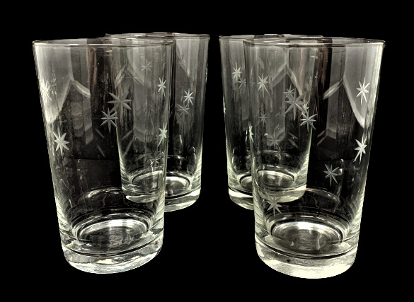 4 Vtg 1950's Noritake Atomic Star Dust Etched Crystal High Ball Glasses Tumblers