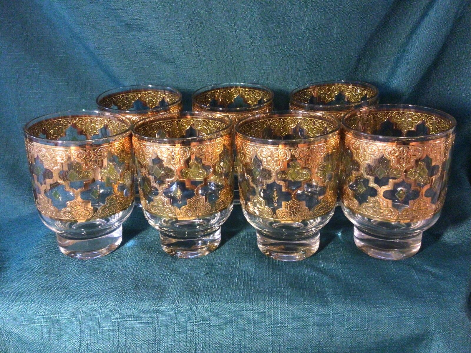Fabulous 7 Vintage Culver Valencia 22k Gold & Green Footed Rocks Glasses Mcm