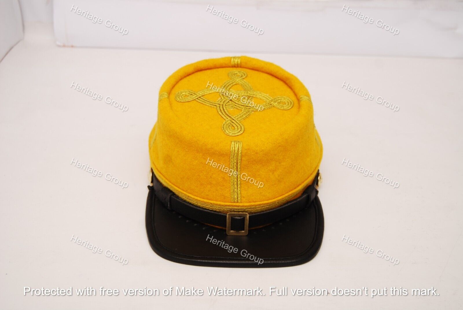 Civil War Cavalry Majors 3 Braids Leather Peak Kepi, Yellow With Black Band Hat