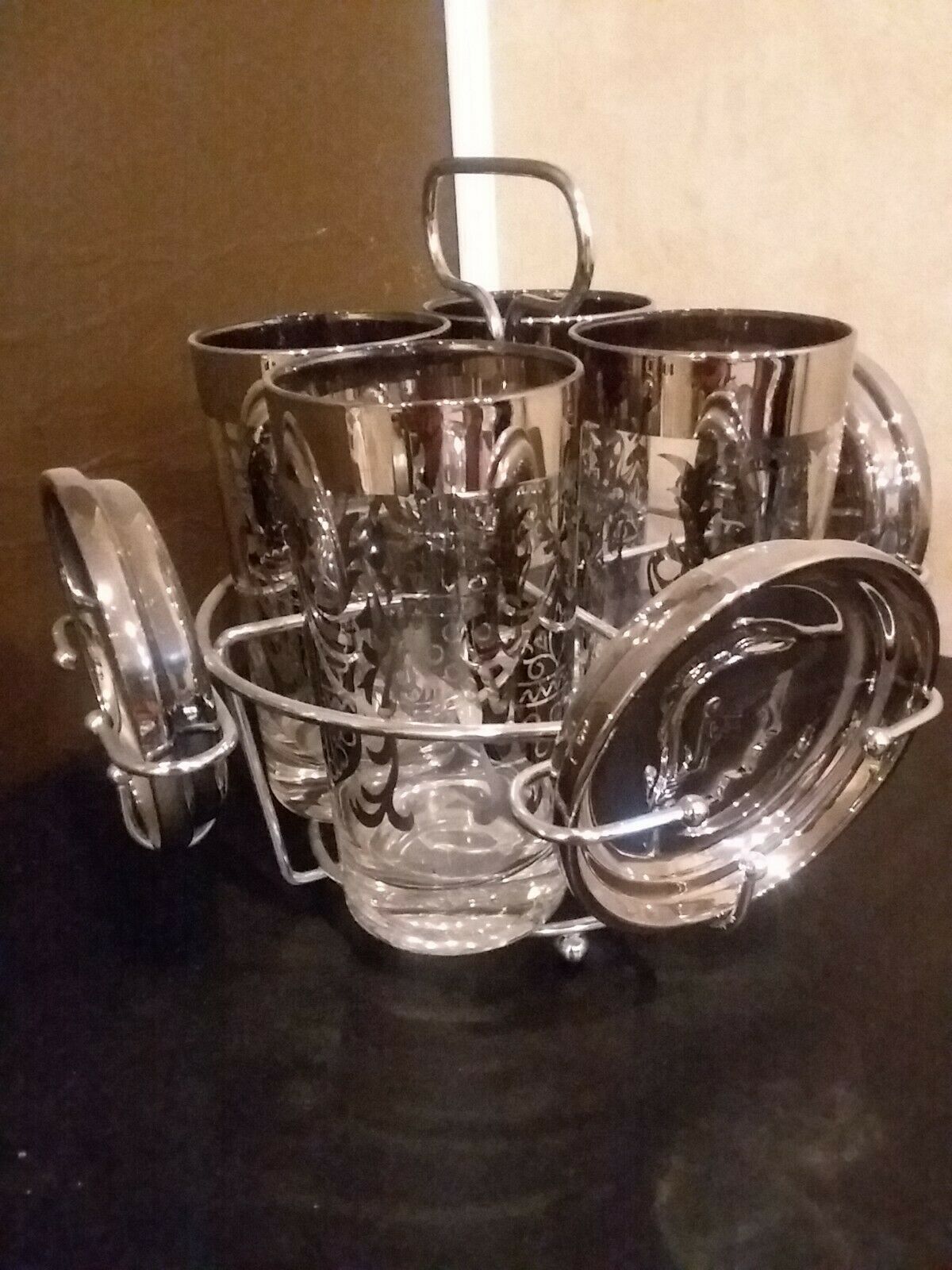 Vintage Queen’s Lusterware Silver Fade Glasses & Coasters In Caddy Set Of 4