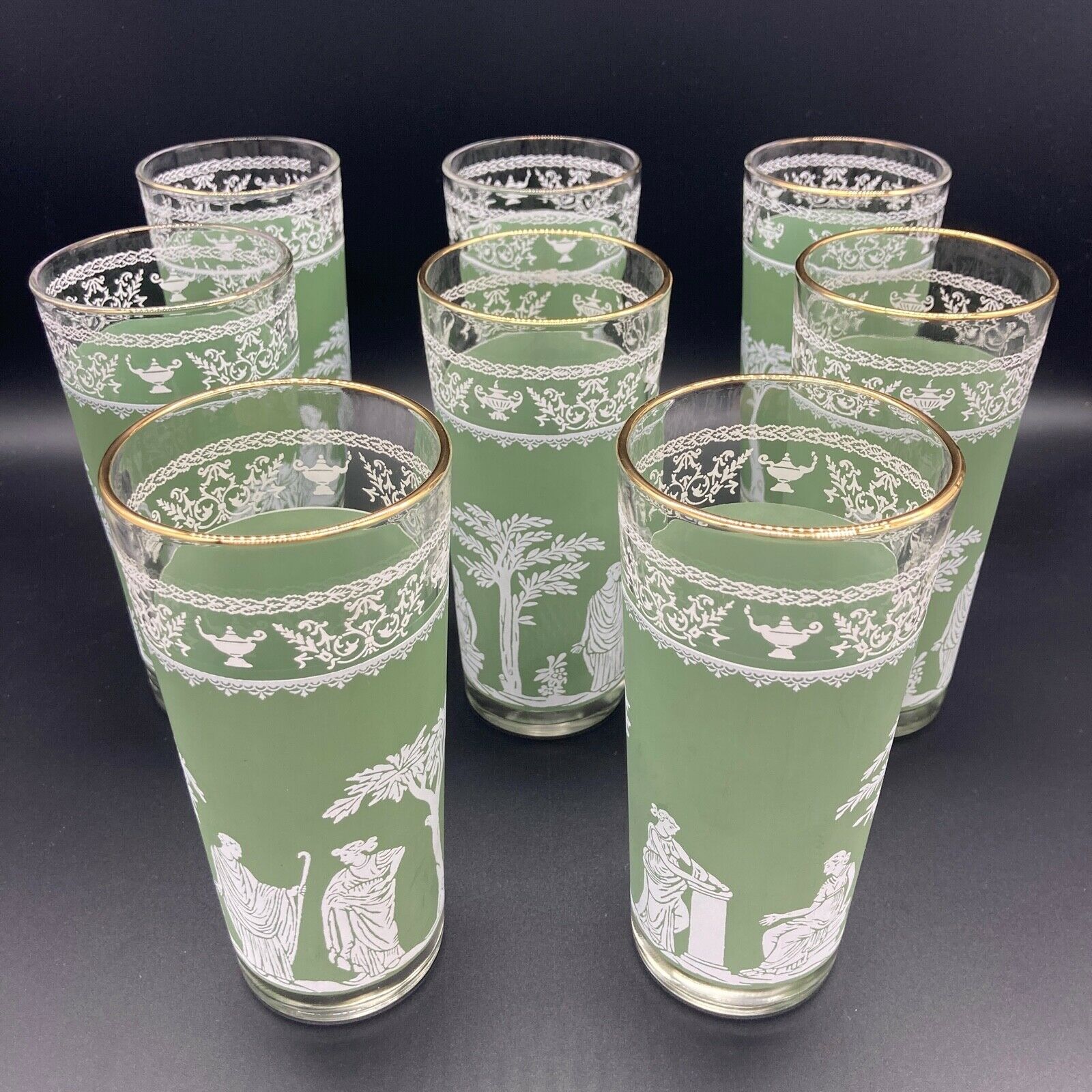 8 Vintage Green Wedgwood Jeanette Jasperware 6.5" Drinking Glass Set Hellenic