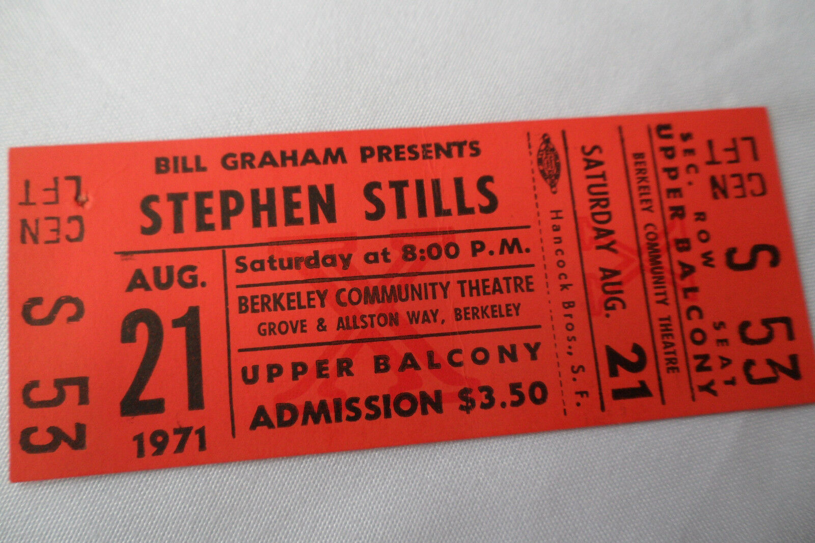 Stephen Stills Original 1971__unused__concert Ticket - Berkeley, Ca__ex+