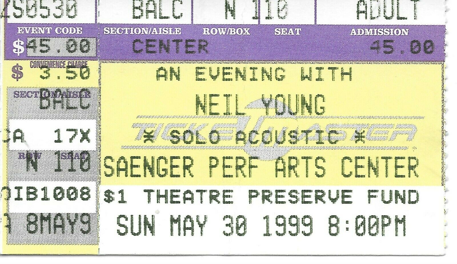 Neil Young 1999 Solo Acoustic Tour Concert Ticket Stub New Orleans Saenger
