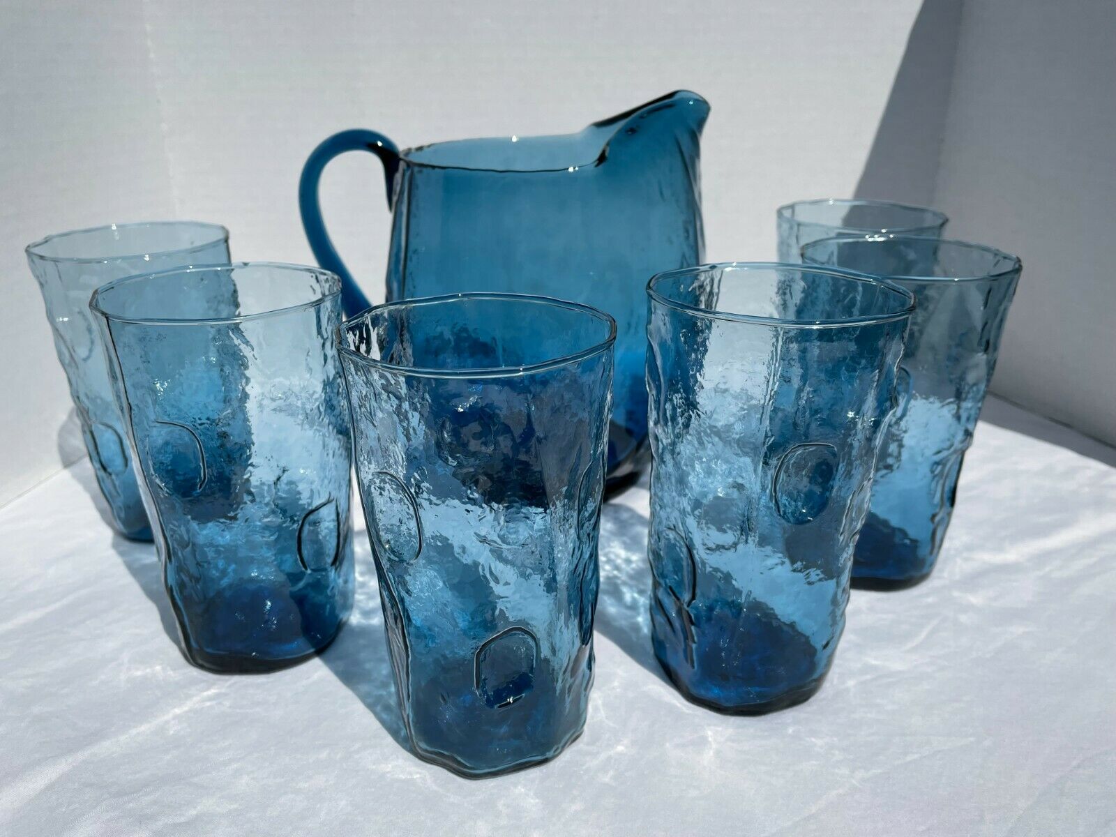 Tex Glass Thumbprint Pitcher Decanter & 6 Glasses Set Blue